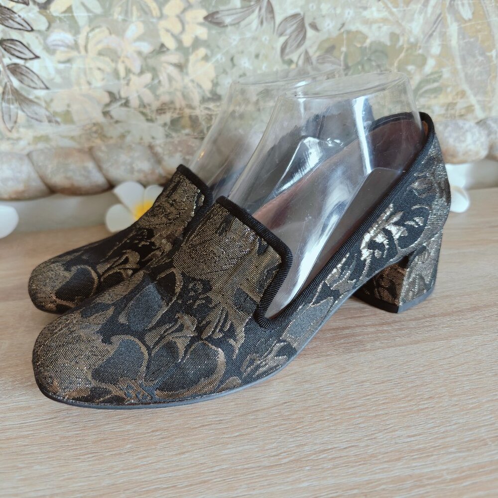 Franco Sarto Hettie Black & Metallic Gold Floral Brocade Block Heels 6.5